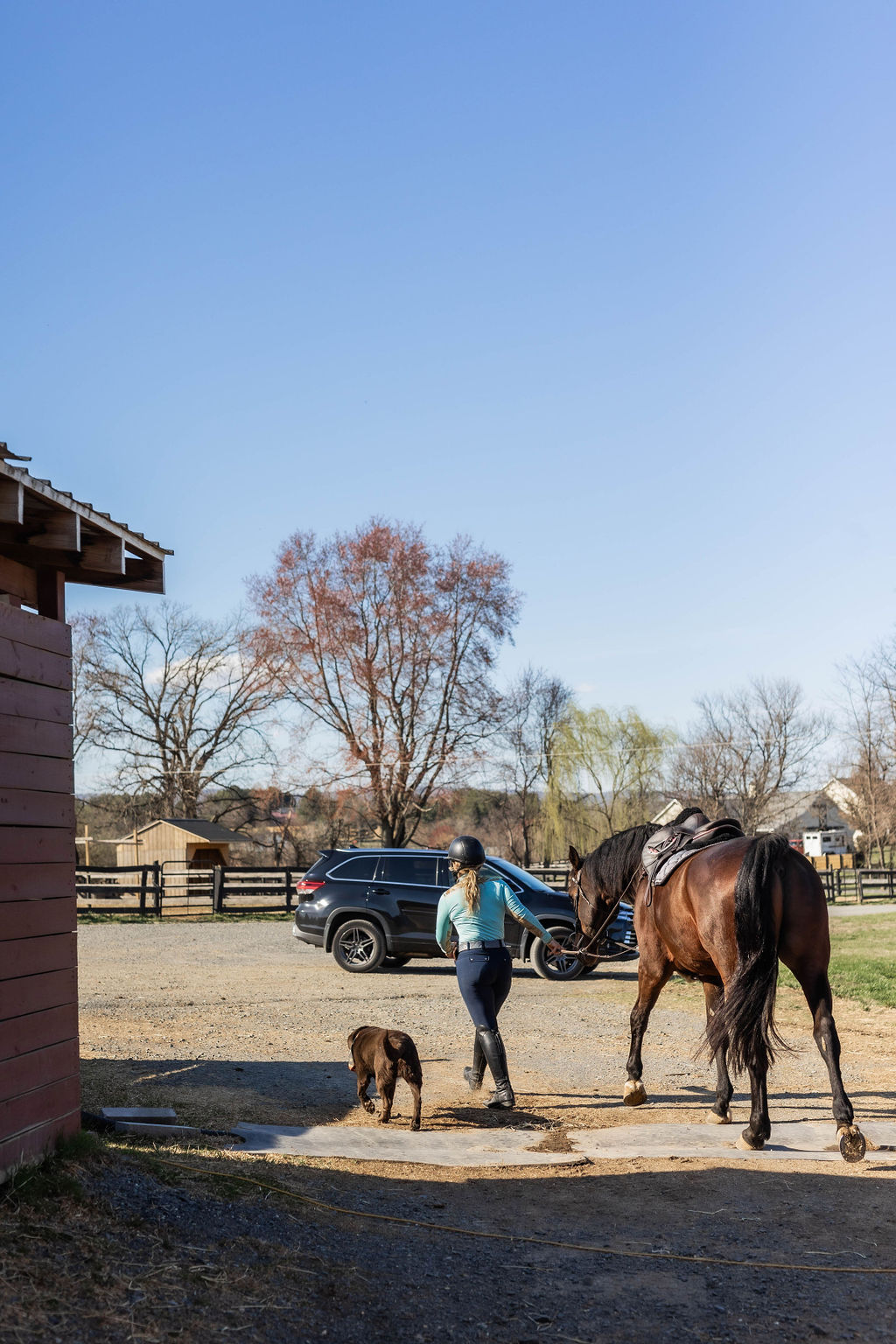 Rider walking a horse through the barn yard